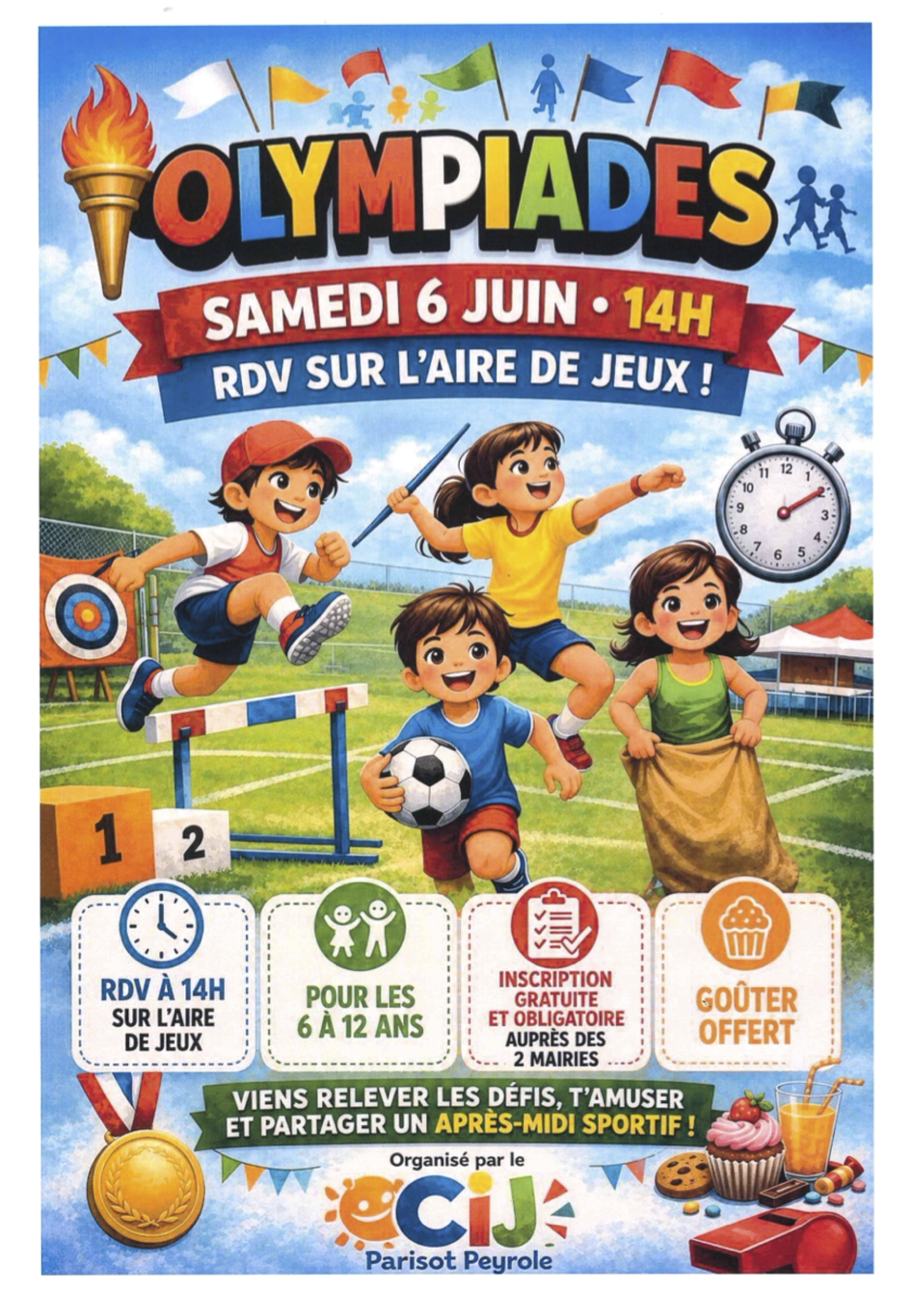 affiche des olympiades pour les 6, 12 ans, inscription préalable auprès des mairies et goûter offert